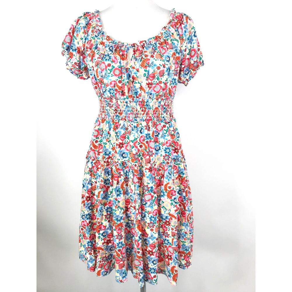 J Crew Dress Womens 4 Small Red Floral Puff Sleeve Ruffle Prairie Cottagecore